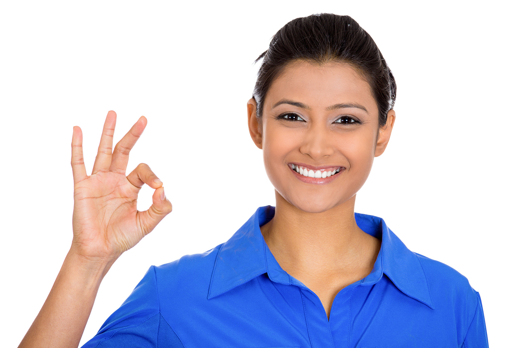 Happy, smiling excited beautiful natural woman giving OK sign